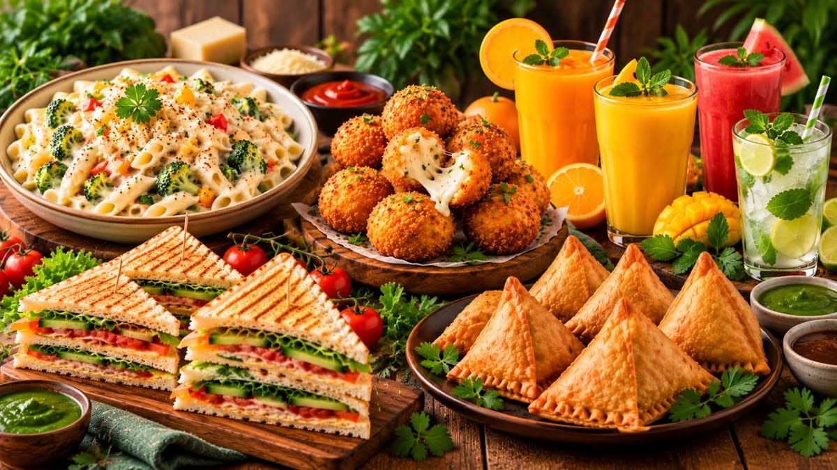 A colourful spread of party snacks, sandwiches, pasta and fresh drinks for bulk orders